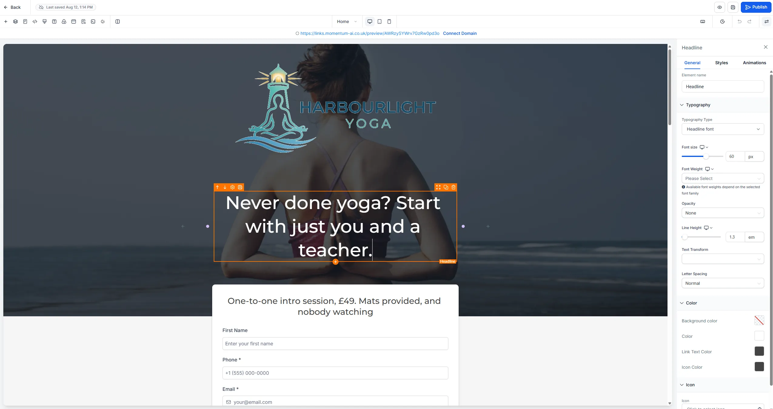 The page editor with a template open, the headline selected for editing and the publish control in the top corner.