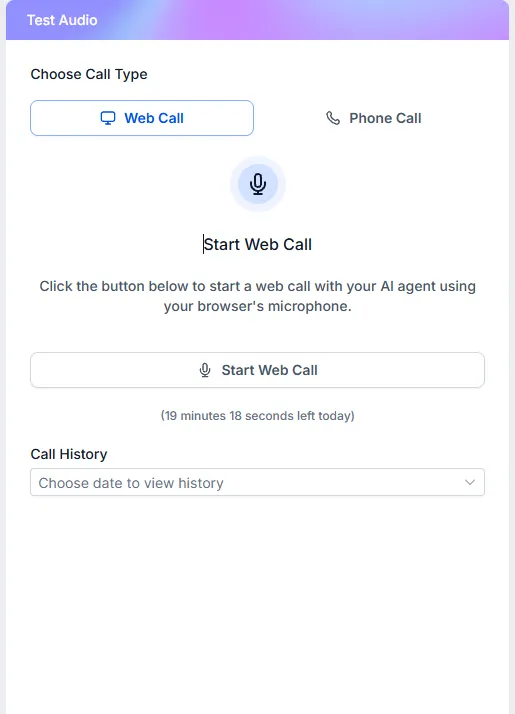 The test audio panel with the web call option selected and the Start Web Call button