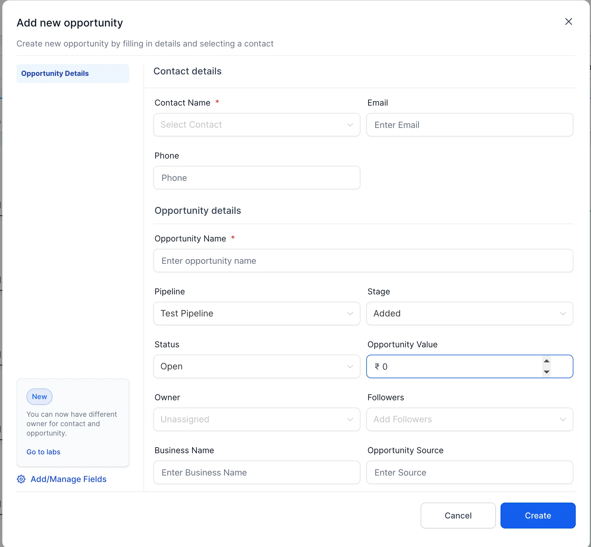 The Add new opportunity modal with the contact, pipeline, stage, value and source fields.