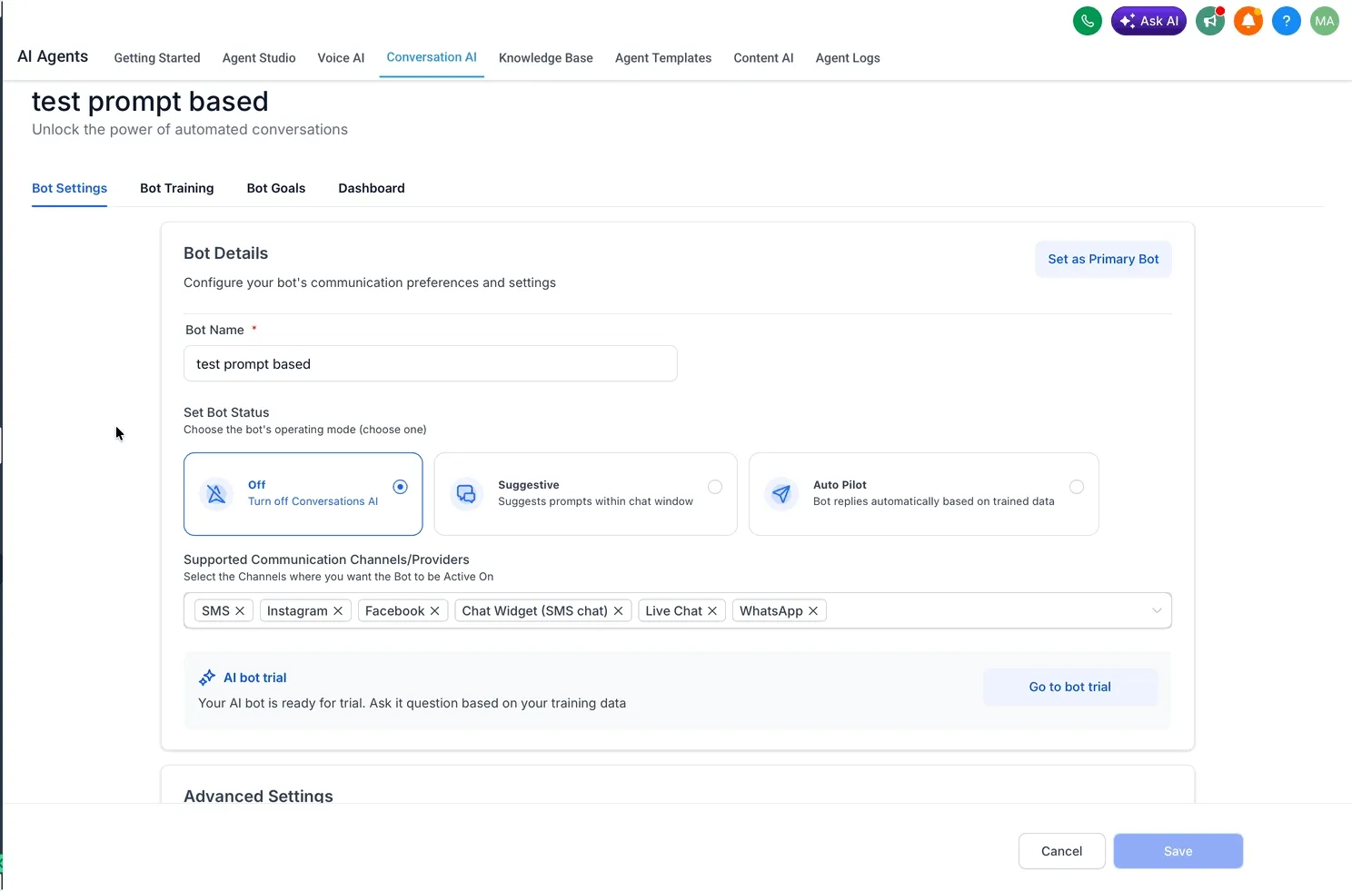 Animated walkthrough of the Bot Settings tab, from the bot name and mode cards through to the auto-pilot wait time