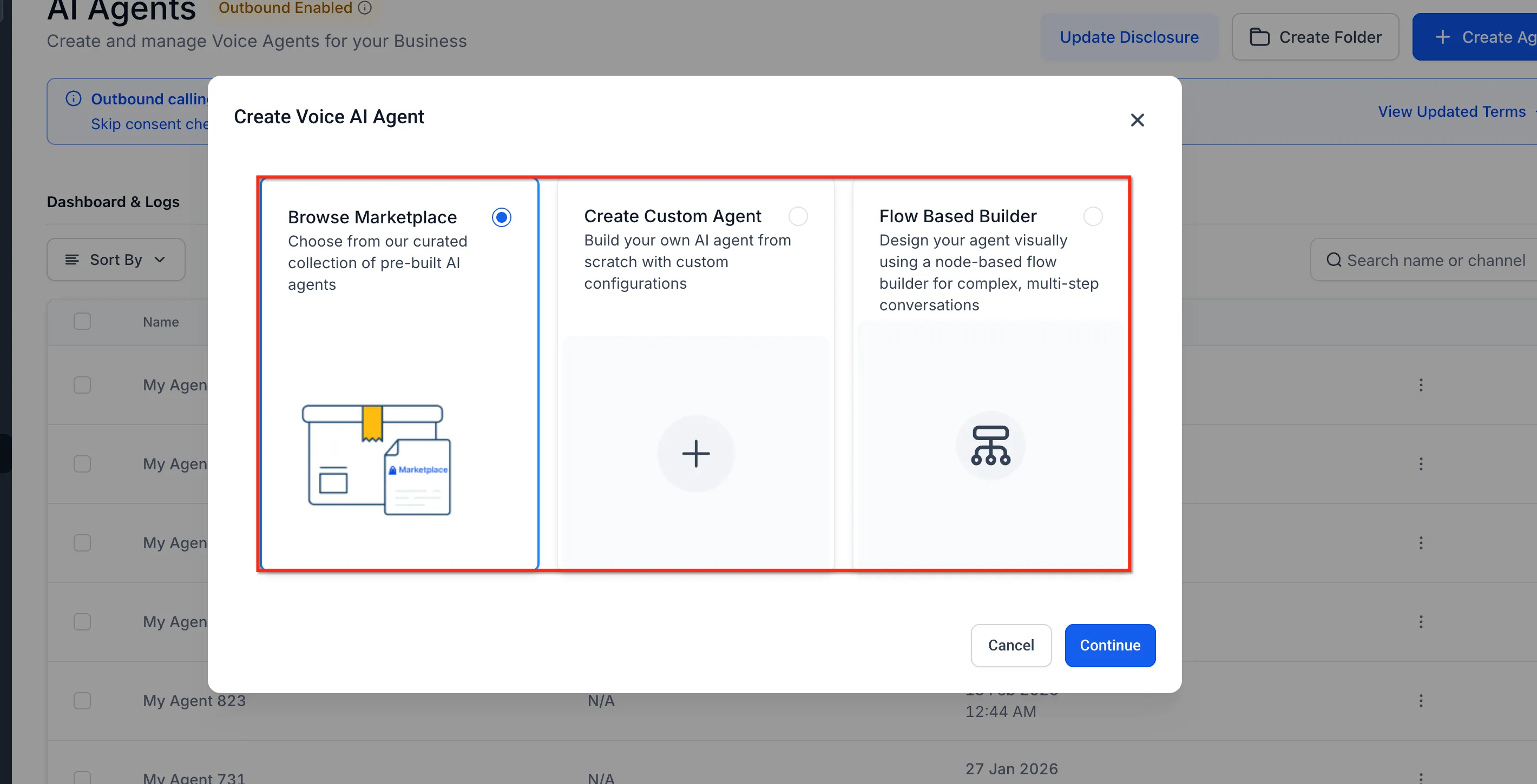 The Create Voice AI Agent choices: browse the marketplace, build a custom agent, or use the flow-based builder