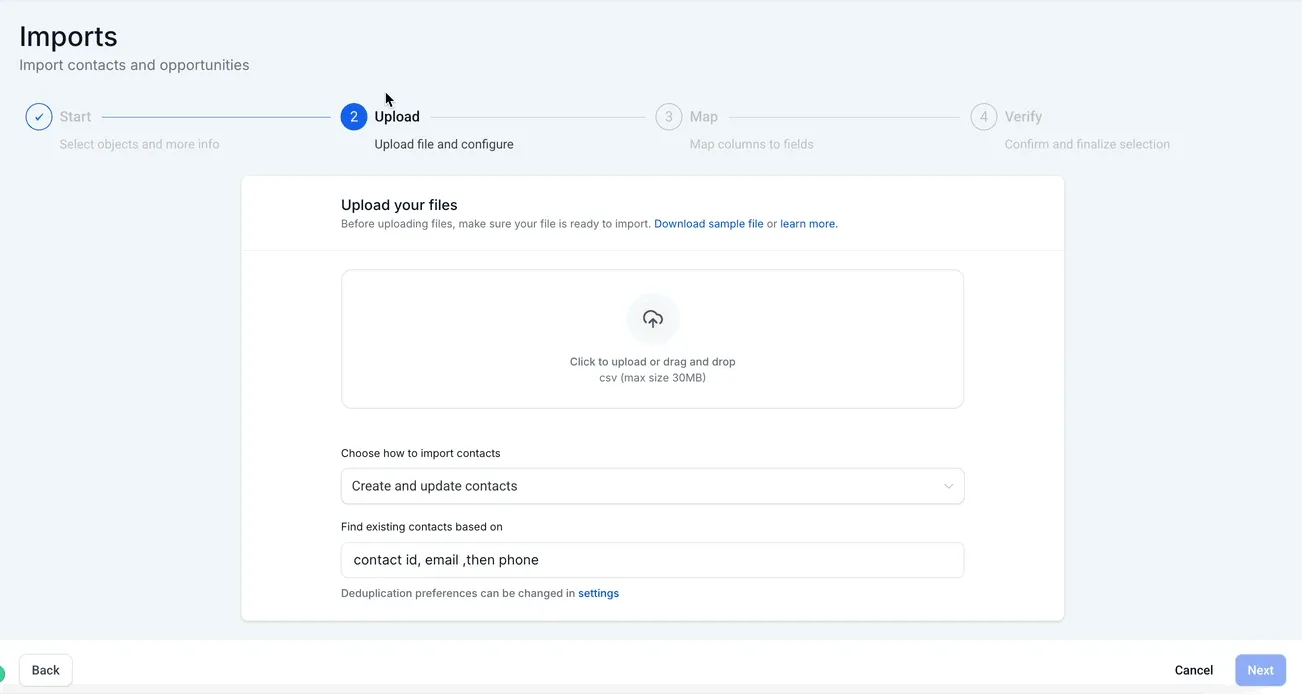 The upload step: the CSV dropzone, the import method and the deduplication preference.