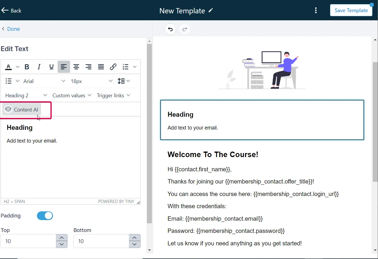 The email builder’s text editor with the Content AI button above the text block.