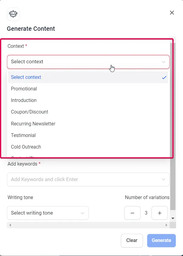 The Generate Content window’s context choices, including Promotional, Introduction, Coupon/Discount and Recurring Newsletter.