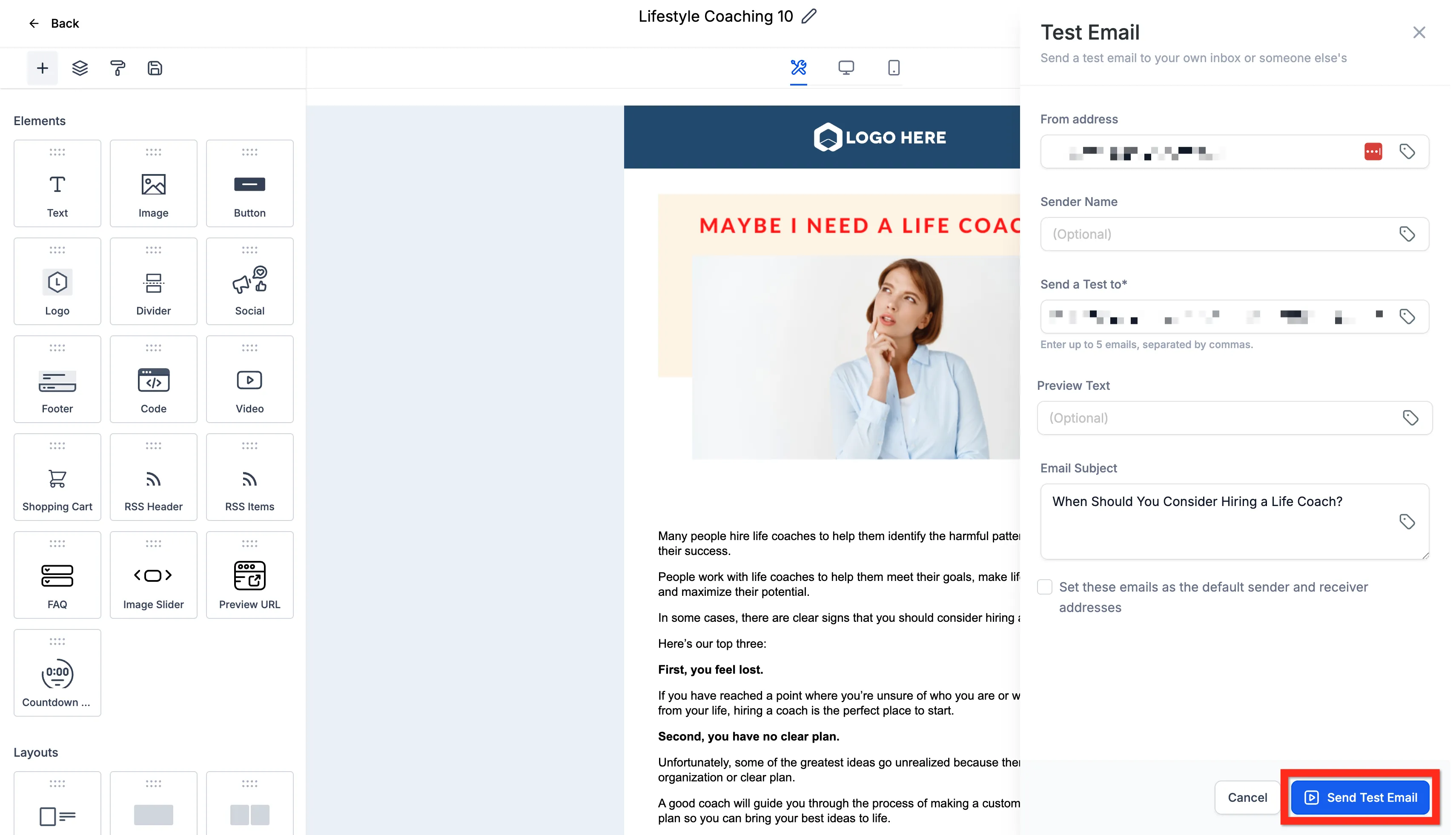 The Test Email panel with from address, test recipient and subject fields, and the Send Test Email button highlighted.