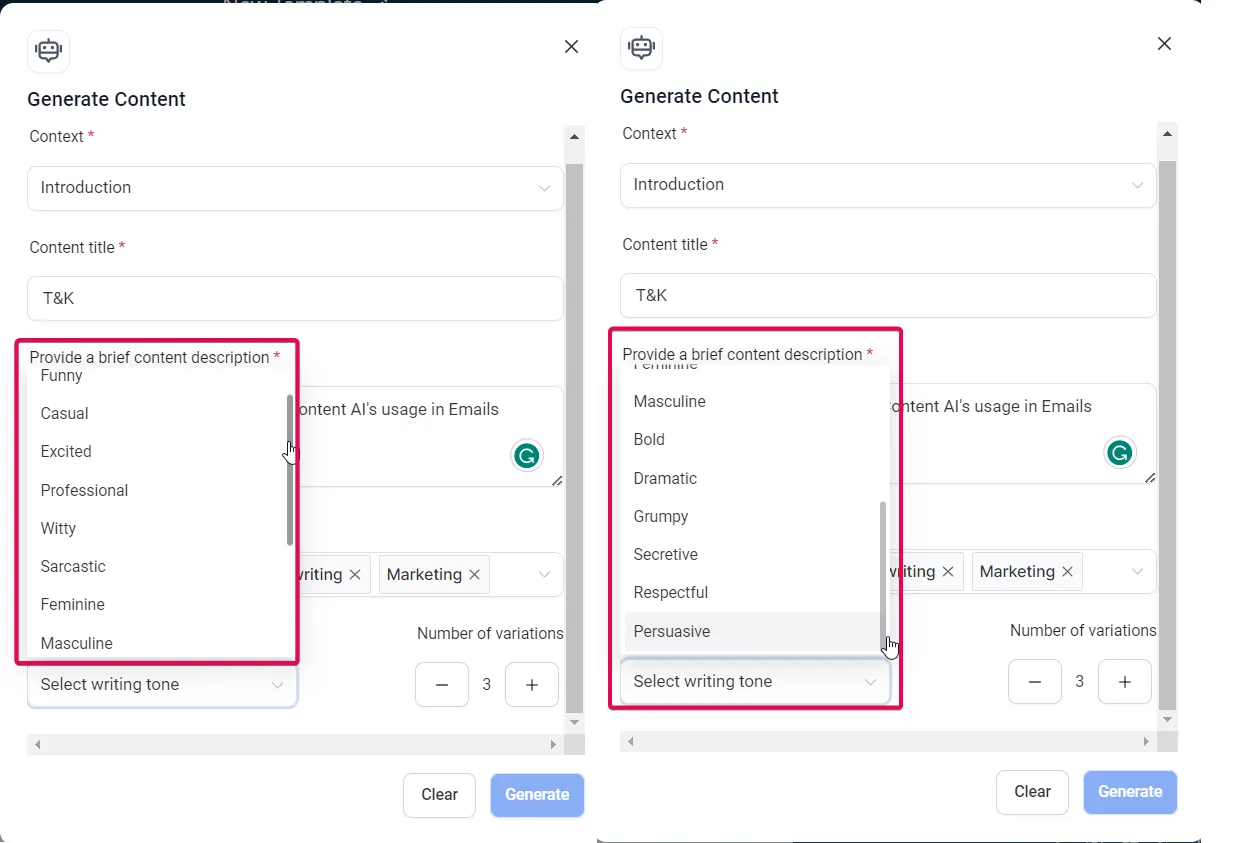 The writing-tone options in the Generate Content window, from Professional and Casual through to Persuasive.