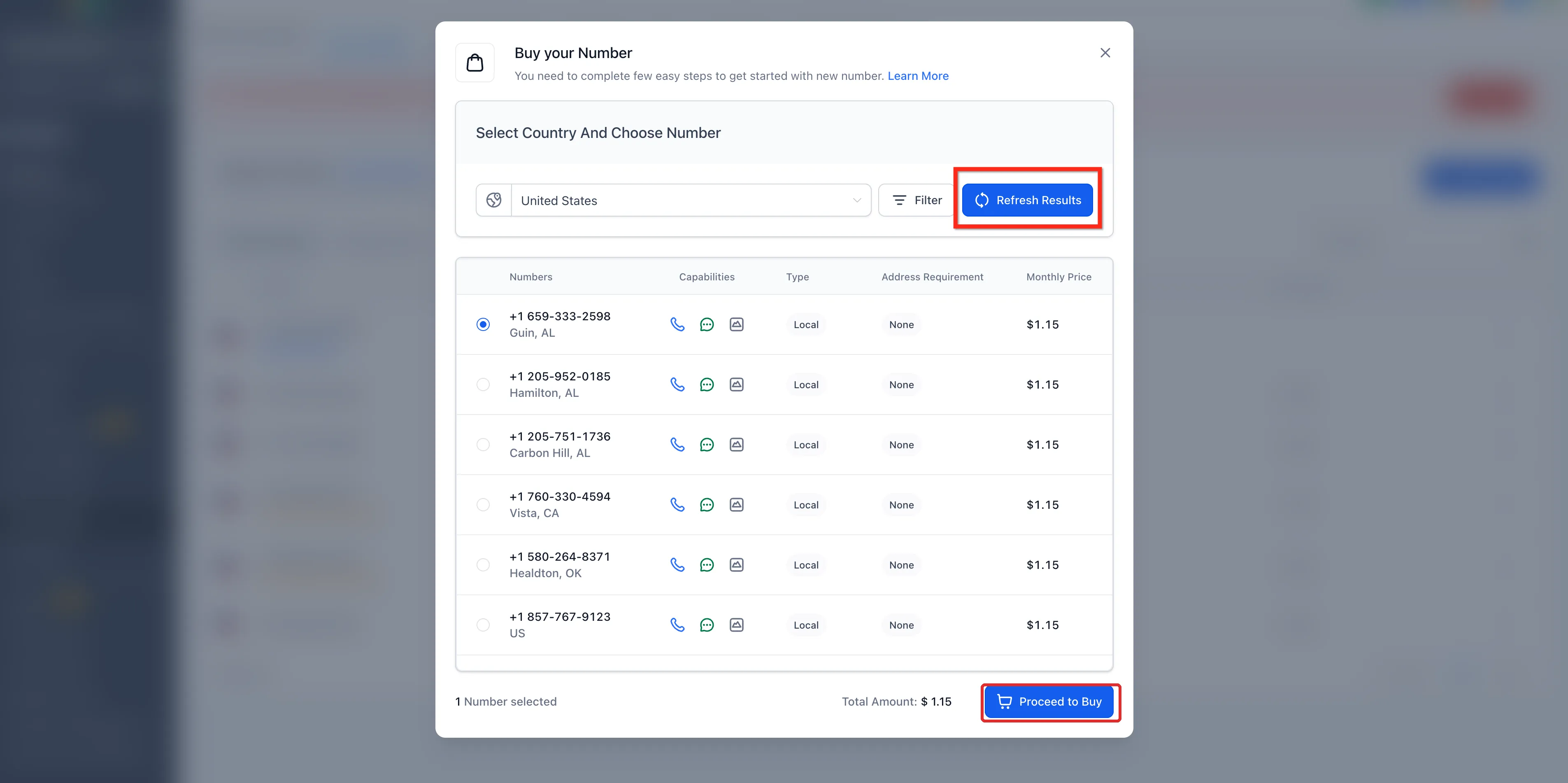The Buy your Number window with a country selector, a list of available numbers and the Proceed to Buy button highlighted