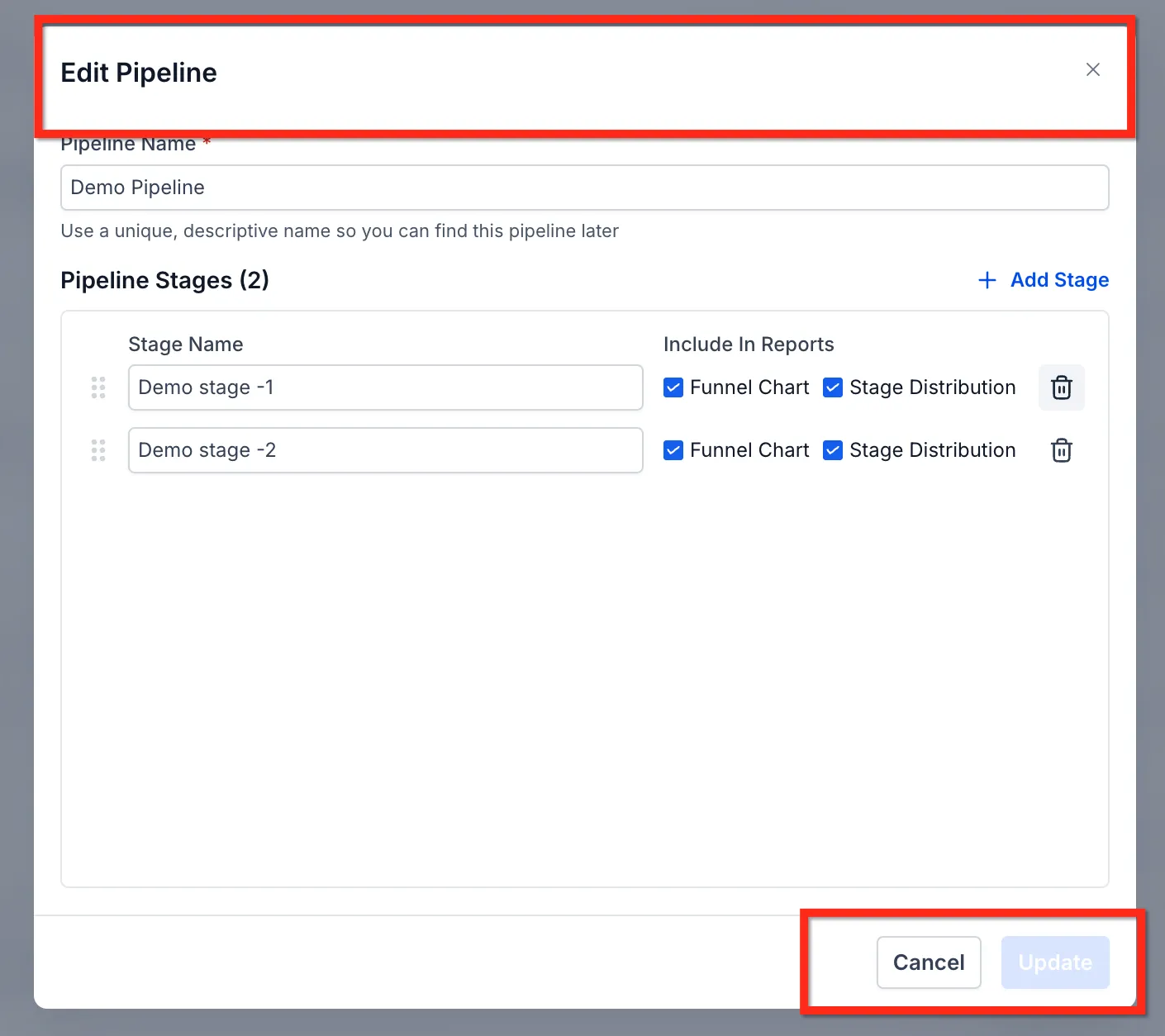 The Edit Pipeline modal, where stages are added, renamed, reordered or removed.