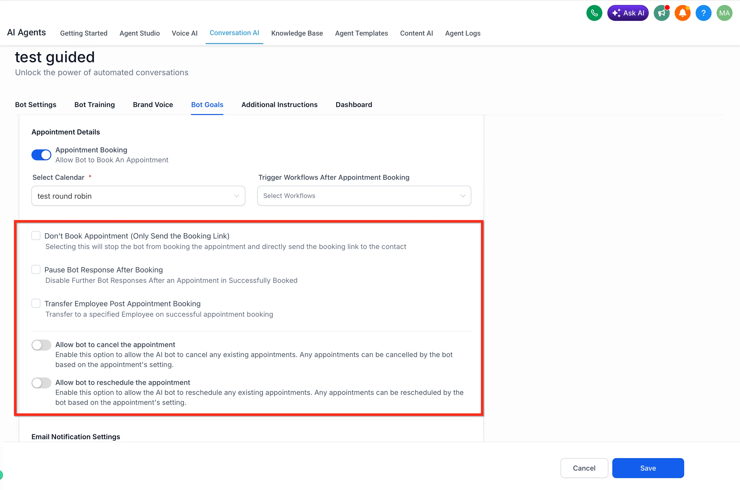 The post-booking options: send only the link, pause after booking, or allow cancelling and rescheduling