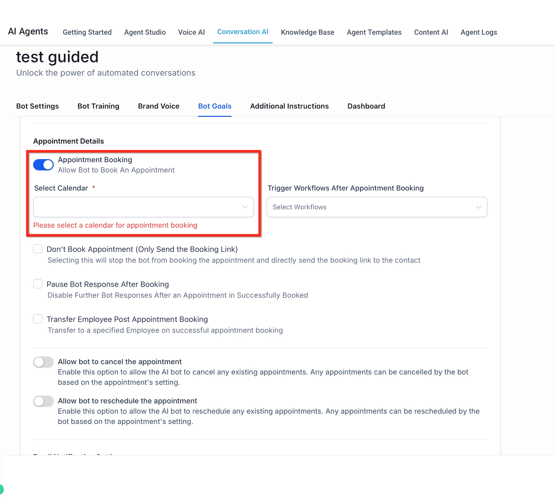 Appointment Details with the booking toggle switched on and the calendar selector highlighted