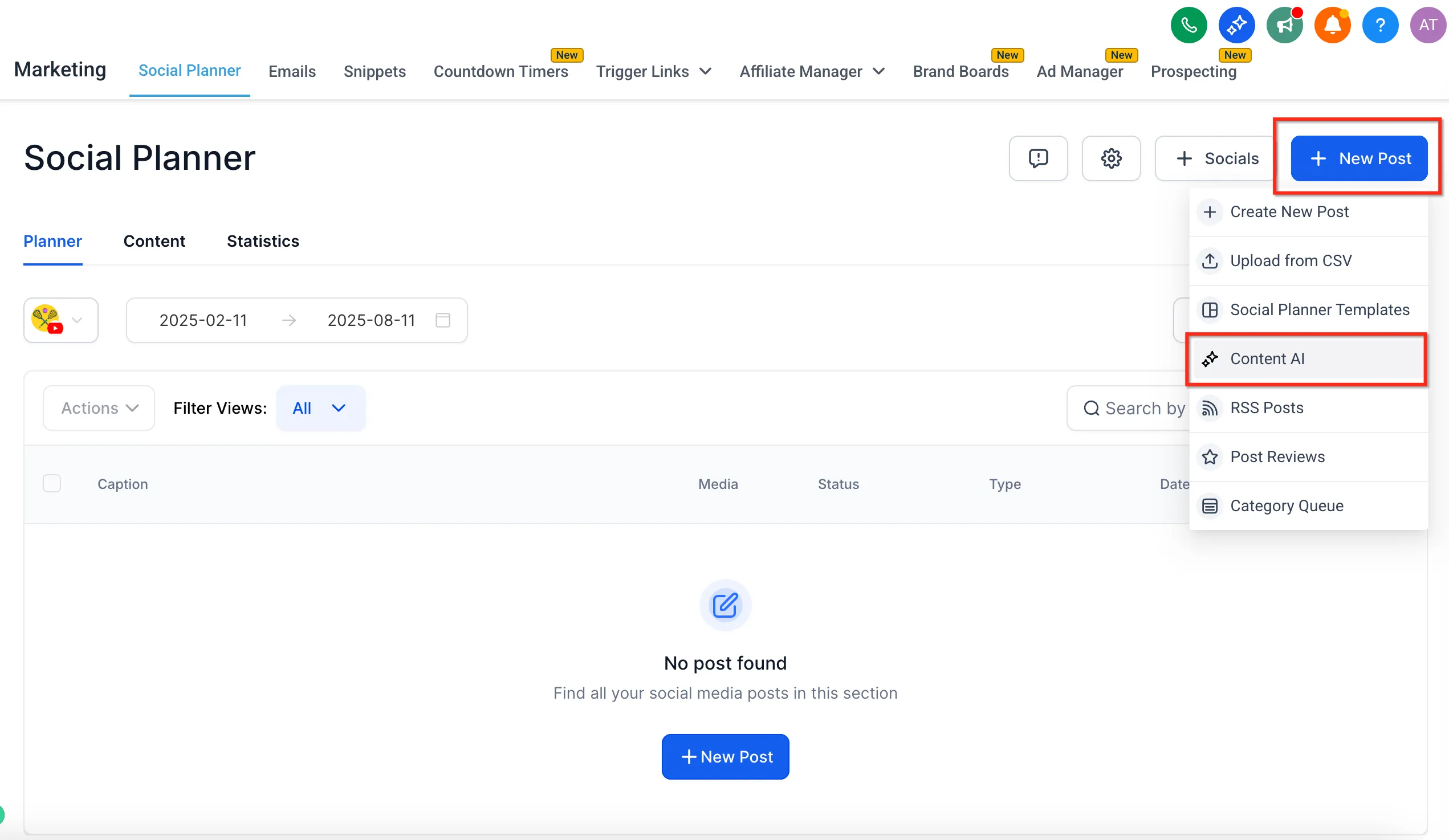 The Social Planner’s New Post menu open, with Content AI picked from the list.