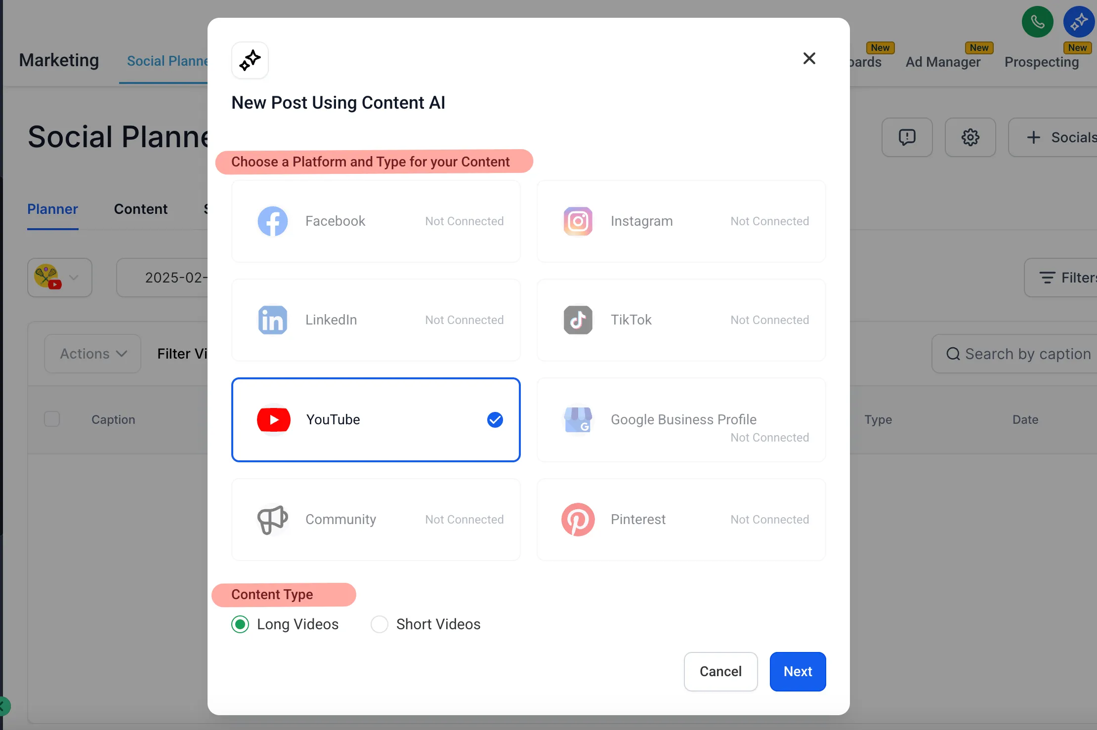 The New Post Using Content AI window, with platform choices from Facebook to Pinterest and a content-type option beneath.