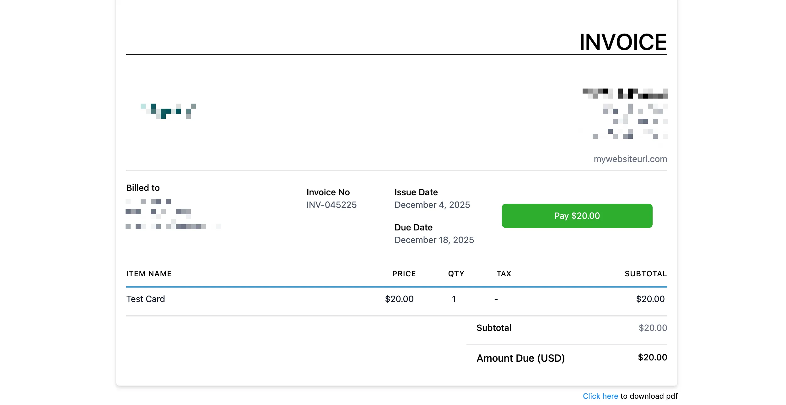 The invoice as the customer sees it, with a green pay-now button beside the amount due.