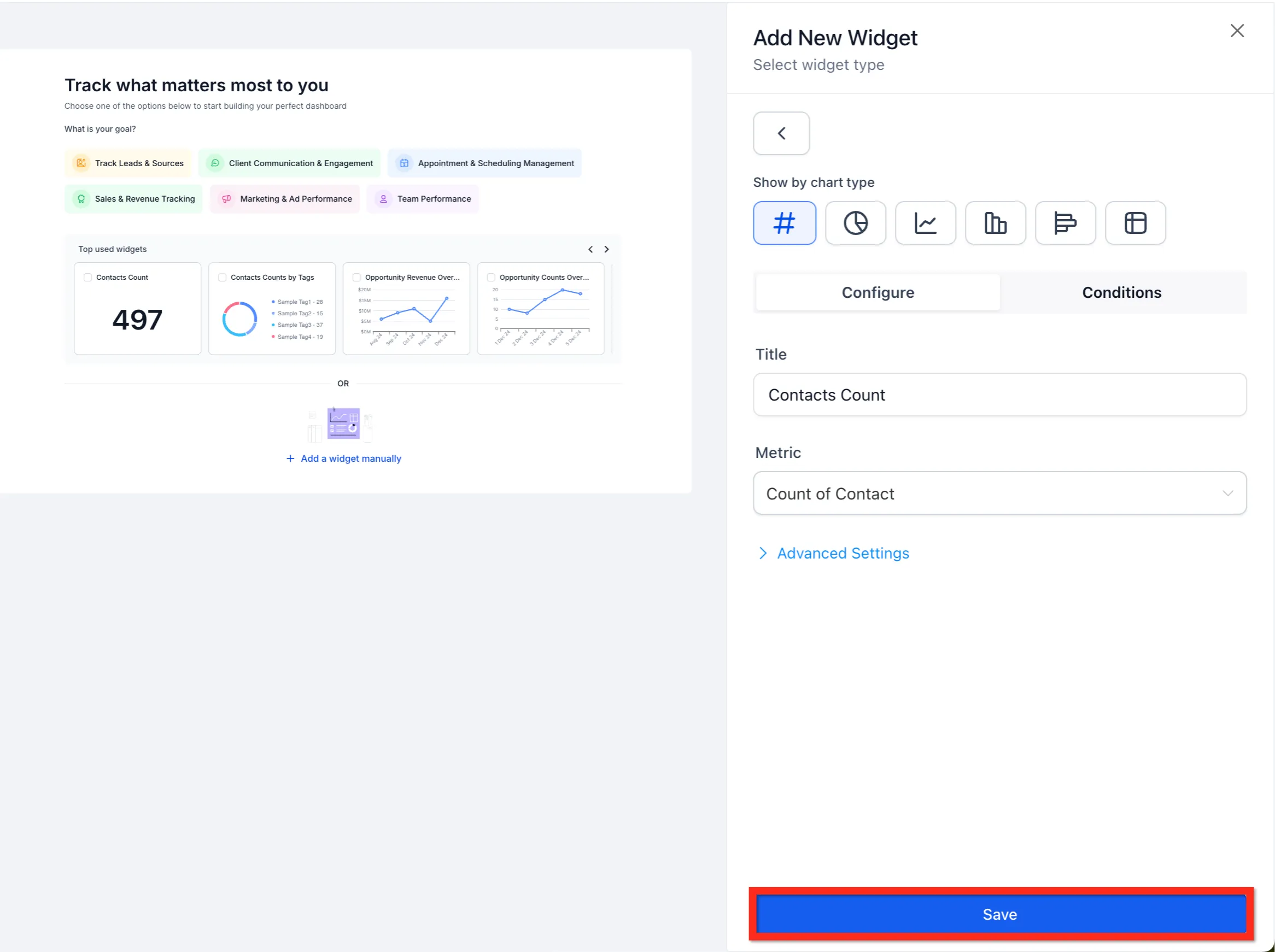The add widget panel with chart type, title and metric chosen, and the Save button highlighted.