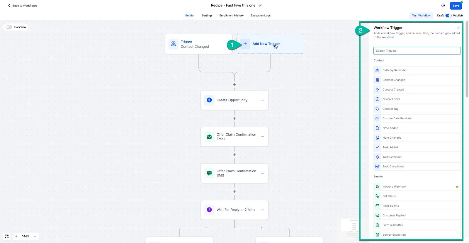 A workflow canvas with the trigger at the top and actions stacked below, and the trigger picker panel open on the right.