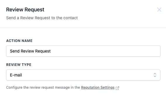 The Review Request action’s settings, where you name the step and choose e-mail or text message.